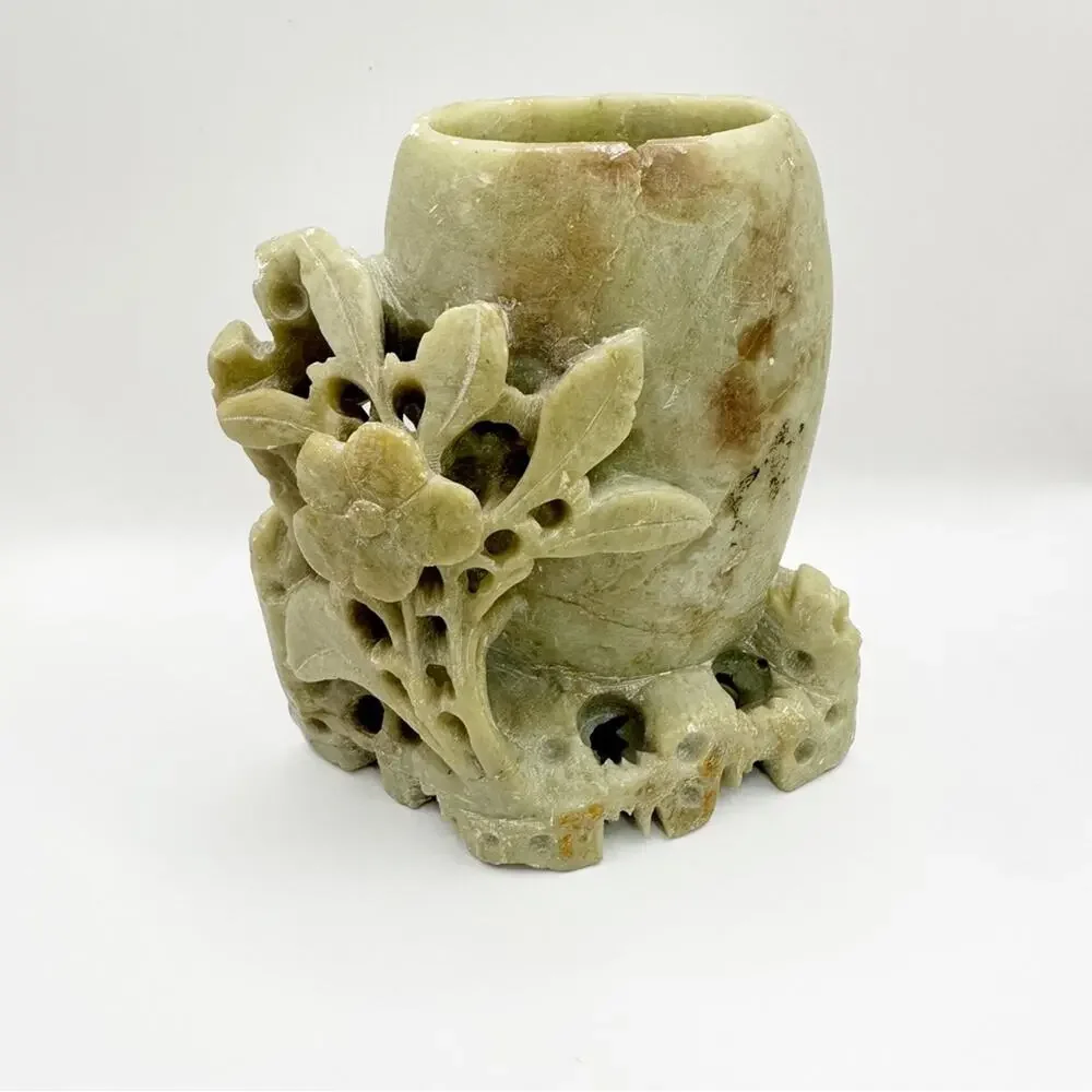Vintage Chinese Soapstone Carved Floral Miniature Pen Holder Bud Vase home decor